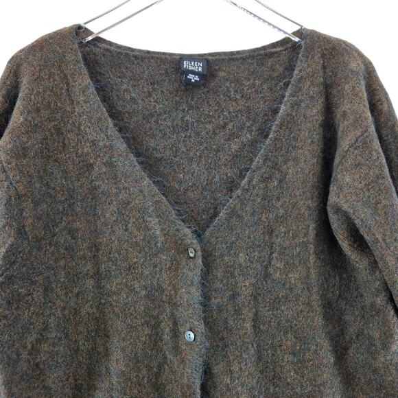 Vintage Eileen Fisher Cardigan Sweater Medium Mohair Merino Wool V-Neck Olive - Picture 2 of 9
